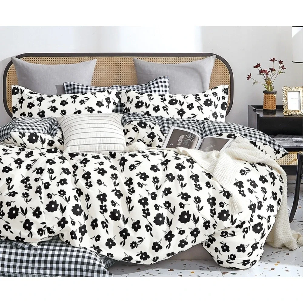 Hepburn Black/White Floral 100% Cotton Reversible Comforter‎ Set King Farmhouse